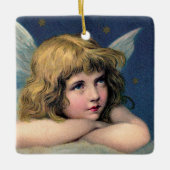 ヴィンテージクリスマス、美しい天使と金ゴールド星 セラミックオーナメント (正面)
