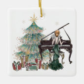 ヴィンテージクリスマス |赤い頭の女性のピアノ セラミックオーナメント (正面)