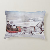 ヴィンテージクリスマス、道路の冬、そり馬 アクセントクッション (裏面)