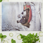 ヴィンテージクリスマス、道路の冬、そり馬 キッチンタオル (折り畳み)