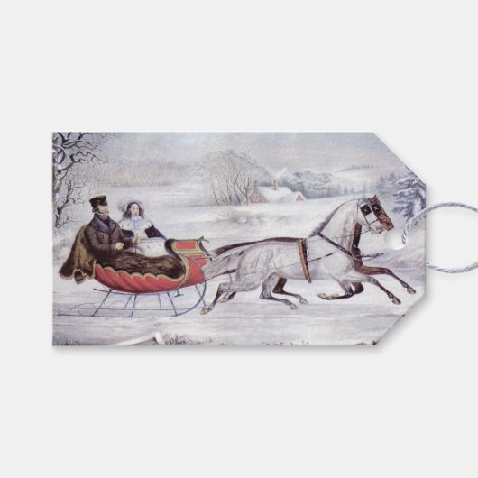 ヴィンテージクリスマス、道路の冬、そり馬 ギフトタグ (正面(横))
