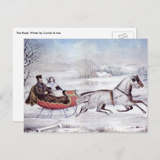 ヴィンテージクリスマス、道路の冬、そり馬 シーズンポストカード (正面/裏面)