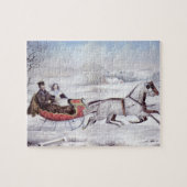ヴィンテージクリスマス、道路の冬、そり馬 ジグソーパズル (横)