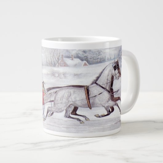 ヴィンテージクリスマス、道路の冬、そり馬 ジャンボコーヒーマグカップ (正面右)