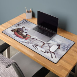 ヴィンテージクリスマス、道路の冬、そり馬 デスクマット