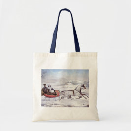 ヴィンテージクリスマス、道路の冬、そり馬 トートバッグ