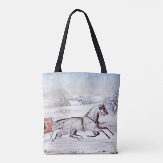 ヴィンテージクリスマス、道路の冬、そり馬 トートバッグ (裏面)