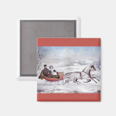 ヴィンテージクリスマス、道路の冬、そり馬 マグネット (正面/裏面)