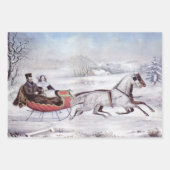 ヴィンテージクリスマス、道路の冬、そり馬 ラッピングペーパーシート (正面)