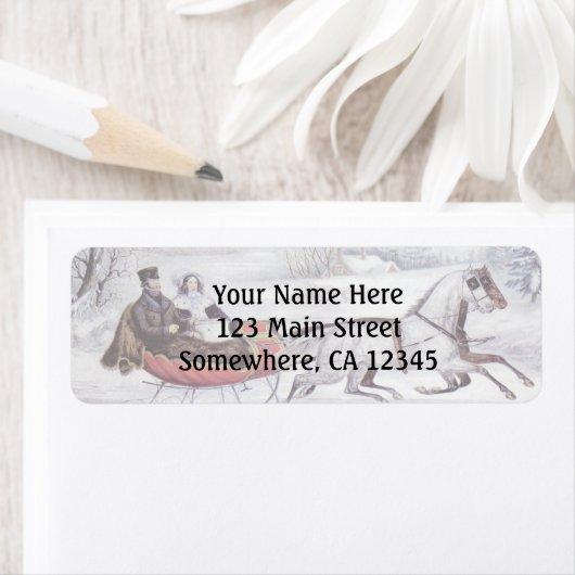 ヴィンテージクリスマス、道路の冬、そり馬 ラベル (インサイチュ)