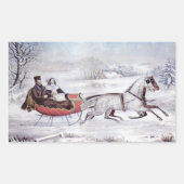 ヴィンテージクリスマス、道路の冬、そり馬 長方形シール (正面)