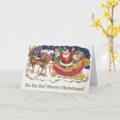 ヴィンテージクリスマス、陽気なサンタクロースとそり カード (黄色い花)