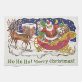 ヴィンテージクリスマス、陽気なサンタクロースとそり キッチンタオル (横)