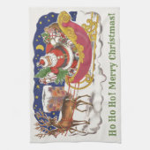 ヴィンテージクリスマス、陽気なサンタクロースとそり キッチンタオル (縦)