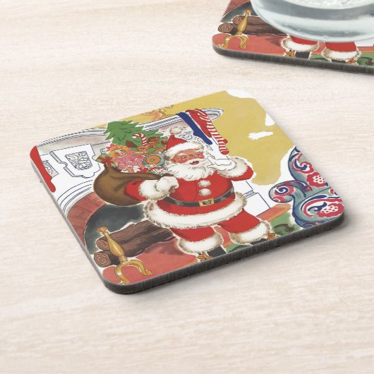 ヴィンテージクリスマス、陽気なサンタクロースとプレゼント コースター (左側)