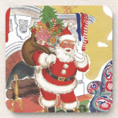ヴィンテージクリスマス、陽気なサンタクロースとプレゼント コースター (正面)