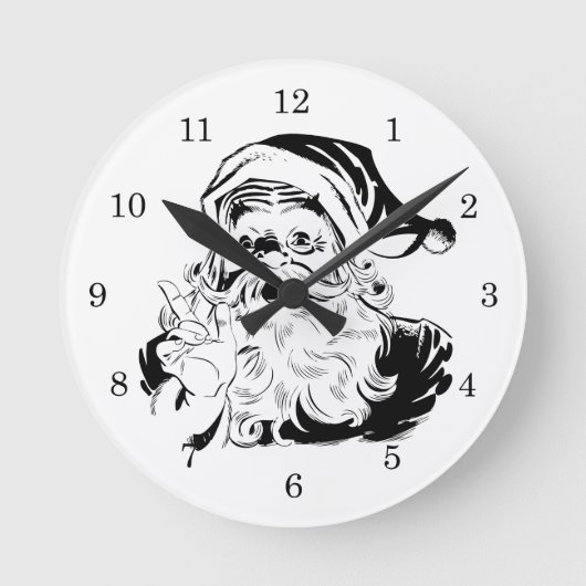 ヴィンテージクリスマス、陽気なサンタクロース ブラック ラウンド壁時計 (正面)