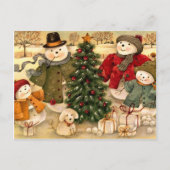 ヴィンテージクリスマス、雪だるま家族 シーズンポストカード (正面)