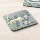 ヴィンテージクリスマス、雪の中を教会へ向かう人々 コースター (左側)