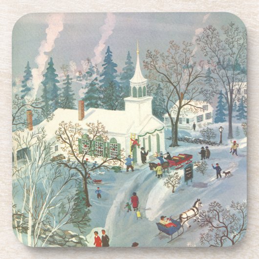 ヴィンテージクリスマス、雪の中を教会へ向かう人々 コースター (正面)