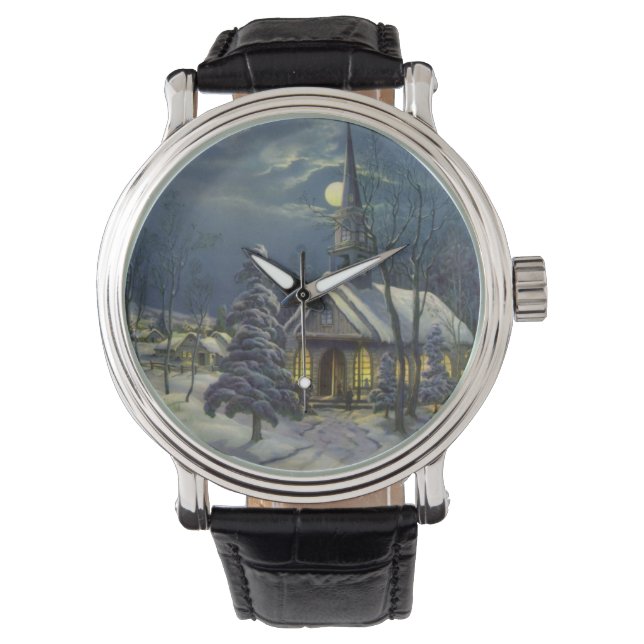 ヴィンテージクリスマス、雪の月明かりに照らされた冬の教会 腕時計 (正面)
