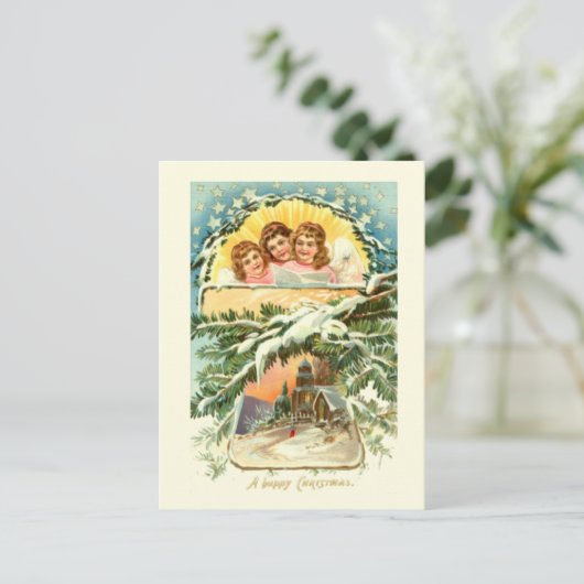 ヴィンテージクリスマス,雪,教会と合唱団2 シーズンポストカード (スタンド正面)