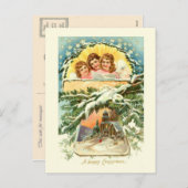 ヴィンテージクリスマス，雪，教会と合唱団2 シーズンポストカード (正面/裏面)