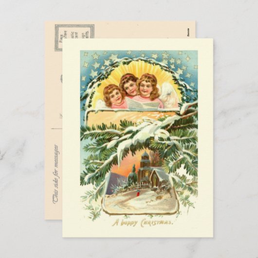 ヴィンテージクリスマス,雪,教会と合唱団2 シーズンポストカード (正面/裏面)