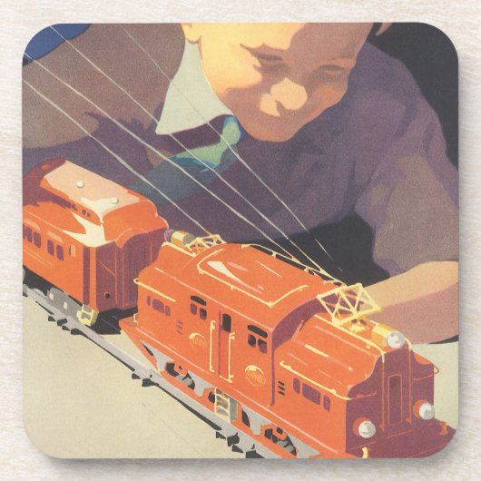 ヴィンテージクリスマス、電車のおもちゃで遊ぶ少年 コースター (正面)