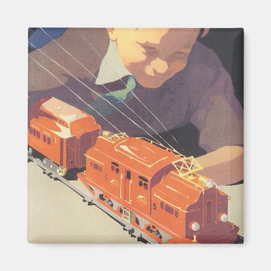 ヴィンテージクリスマス、電車のおもちゃで遊ぶ少年 マグネット (正面)