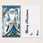ヴィンテージクリスマス、青いサンタクロースのスノーグローブ<br><div class="desc">ビクトリアンスタイルのイラストで、森のクリスマスを祝うデザイン。サンタクロースは青いコートを着て、片手にスノーグローブ、もう片手に杖を持っている。彼の胸にはかわいいテディベアがぶら下がり、背中にはおもちゃの袋を背負い、クリスマスイブに配達する準備ができている。夜空からは雪の結晶が降り注ぎ、森の木々が並ぶ真っ白な冬の風景。ハッピー・ホリデー＆シーズン・グリーティング！</div>