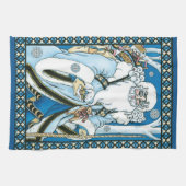 ヴィンテージクリスマス、青いサンタクロースのスノーグローブ キッチンタオル (横)