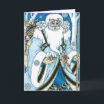 ヴィンテージクリスマス、青いサンタクロースのスノーグローブ シーズンカード<br><div class="desc">ビクトリアンスタイルのイラストで、森のクリスマスを祝うデザイン。サンタクロースは青いコートを着て、片手にスノーグローブ、もう片手に杖を持っている。彼の胸にはかわいいテディベアがぶら下がり、背中にはおもちゃの袋を背負い、クリスマスイブに配達する準備ができている。夜空からは雪の結晶が降り注ぎ、森の木々が並ぶ真っ白な冬の風景。ハッピー・ホリデー＆シーズン・グリーティング！</div>