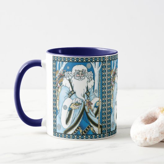 ヴィンテージクリスマス、青いサンタクロースのスノーグローブ マグカップ (ドーナツ)