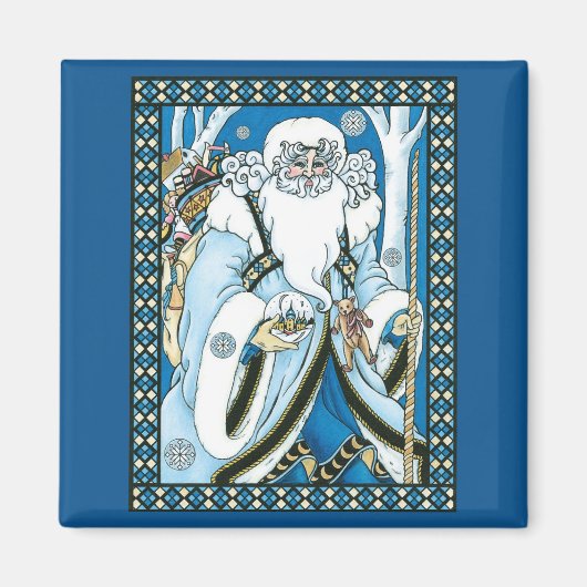 ヴィンテージクリスマス、青いサンタクロースのスノーグローブ マグネット (正面)