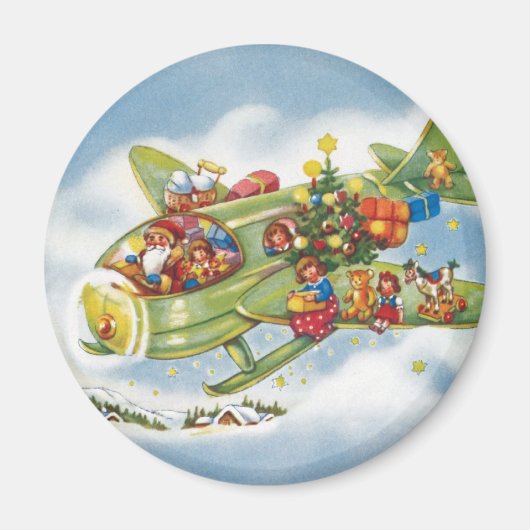 ヴィンテージクリスマス、飛行機を操るサンタクロース マグネット (正面)