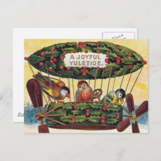ヴィンテージクリスマス – 飛行船の鳥 シーズンポストカード (正面/裏面)