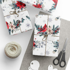 ヴィンテージクリスマス（鳥）ショウジョウコウカンチョウポインセチア模様 ラッピングペーパー