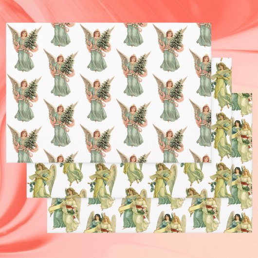 ヴィンテージクリスマス、3違うエンジェル ラッピングペーパーシート