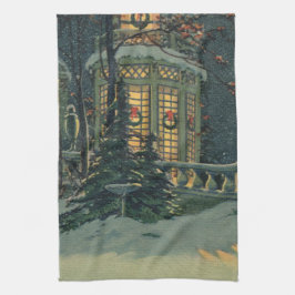 ヴィンテージクリスマス、Windowsのリース付きハウス キッチンタオル