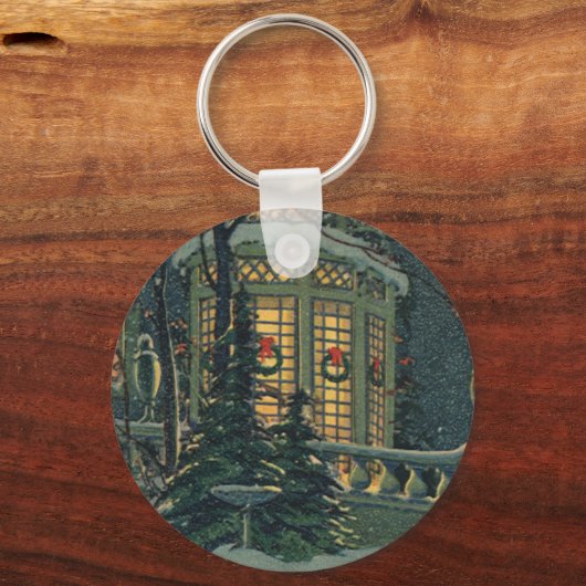 ヴィンテージクリスマス、Windowsのリース付きハウス キーホルダー (正面)