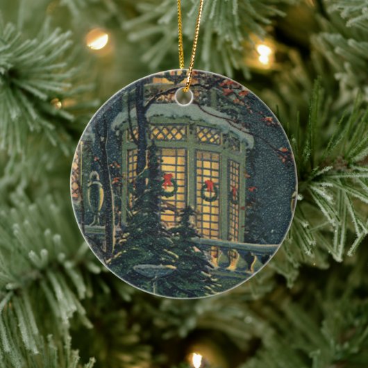 ヴィンテージクリスマス、Windowsのリース付きハウス セラミックオーナメント (ツリー)