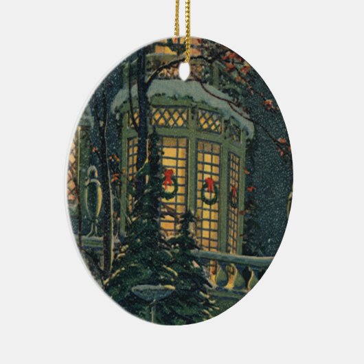 ヴィンテージクリスマス、Windowsのリース付きハウス セラミックオーナメント (右)