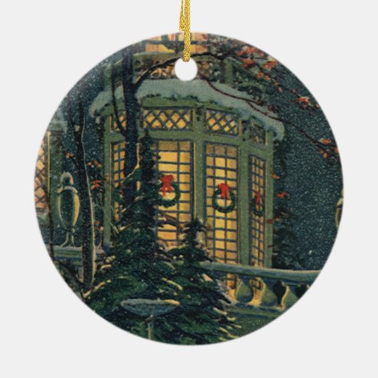 ヴィンテージクリスマス、Windowsのリース付きハウス セラミックオーナメント (裏面)
