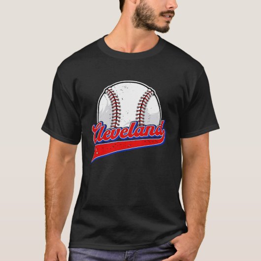 ヴィンテージクリーブランドシティスケープ野球選手 Tシャツ (正面)