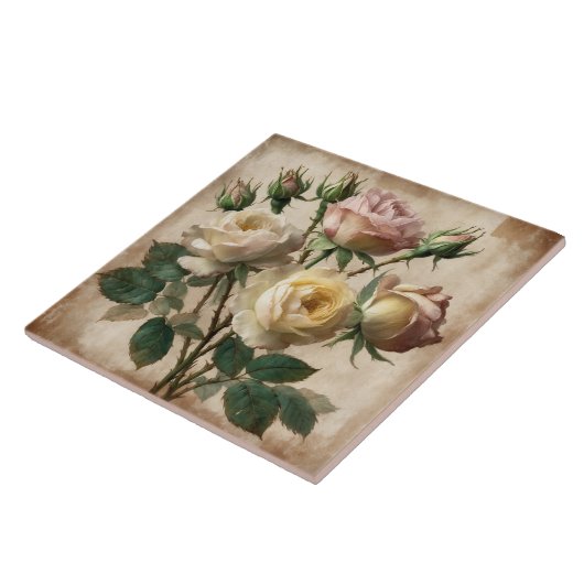ヴィンテージクリームとピンクのローズブーケ タイル (側面)