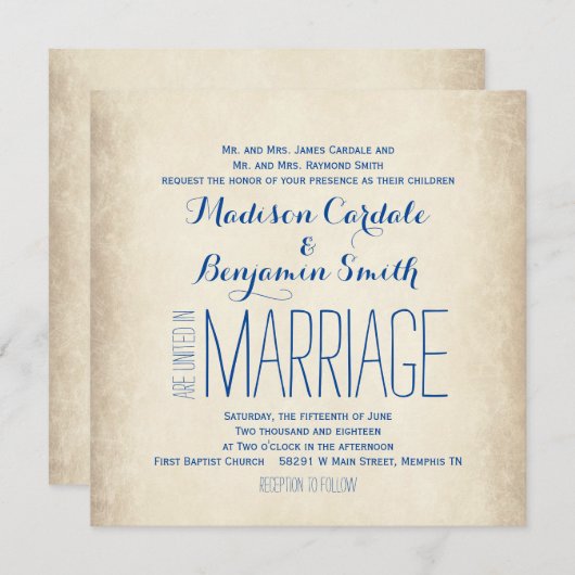 ヴィンテージクリームとブルーの素朴結婚式招待状 招待状 (正面/裏面)