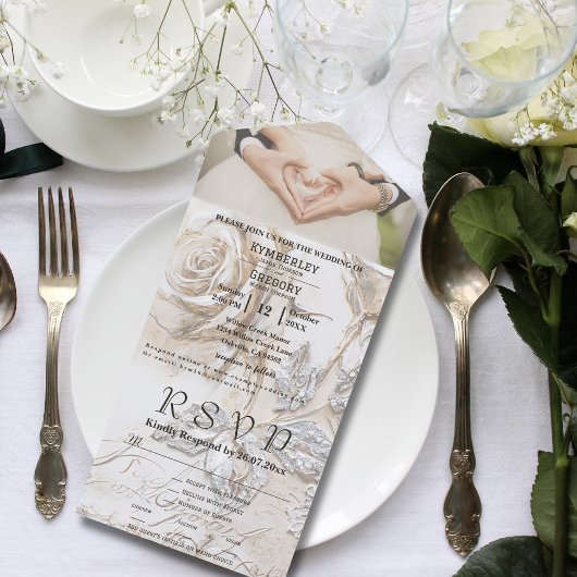 ヴィンテージクリームシルバーバラフローラ写真サイト オールインワン招待状