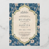 ヴィンテージクリームブルーフローラムスリム結婚ズ金ゴールド 箔招待状 (正面)