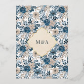 ヴィンテージクリームブルーフローラムスリム結婚ズ金ゴールド 箔招待状 (裏面)